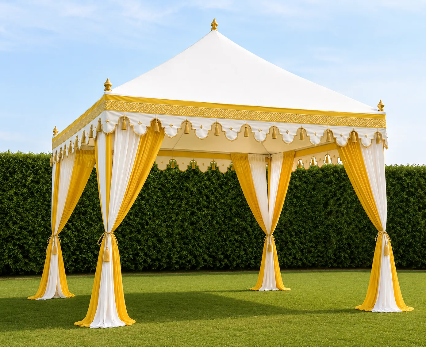 Handcrafted luxury pergola tent with elegant curtains